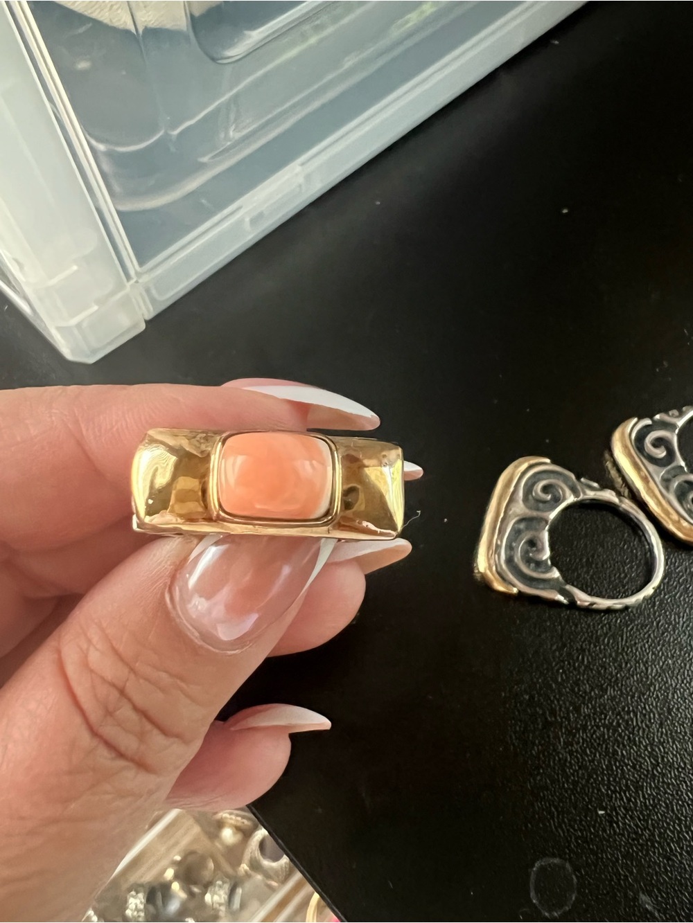 Dian Malouf Two-Tone SS & 14kt Statement Ring with Coral Pink Cabochon